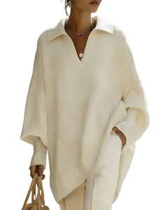 Customized Women Oversized V Neck <b>Knit</b> Sweater <b>White</b> Loose Fit Long Sleeve Soft Winter Pullover Casual Elegant Fashion Top - Product Image 1