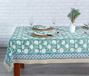 Verde turquesa, verde musgo viejo y blanco indio Floral bloque de mano impreso tela de algodón mantel cubierta de mesa granja boda - Product Image 4