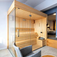 Sauna vapeur intérieur en bois naturel avec banc large en verre, chauffage en pierre, pour le bien-être