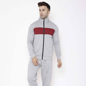 <b>Men</b> Light <b>Grey</b> Casual Tracksuit Set <b>Zip</b> <b>up</b> Jacket with Red Stripe Matching Pants 100% Cotton Fleece Athletic Two Piece Outfit - Product Image 2