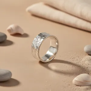 Minimalist 925 <b>Silver</b> Hammered Plain Band Ring Unisex Everyday Wear Jewelry Gold Plated Bezel Setting for Party Occasions - Product Image 1