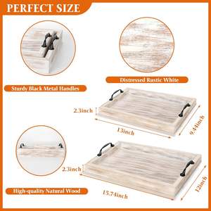 Set of 2 Rustic Farmhouse Wooden Serving <b>Tray</b> with Handles, Nesting White Decorative <b>Trays</b> for Coffee <b>Table</b> Ottoman Kitchen <b>Bed</b> - Product Image 6
