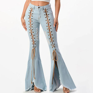 Custom Bows Stripes Stone Wash Pantalones vaqueros de las mujeres de talla grande Casual Pantalones de las mujeres de la calle 3D Bow Baggy Jeans Mujeres para la venta - Product Image 3