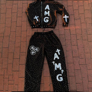 New High Quality 2026 Custom Dusty <b>Rose</b> Rhinestone Tracksuit Hand-Set Crystal Hoodie & Jogger Set Custom Logo Tracksuit - Product Image 1