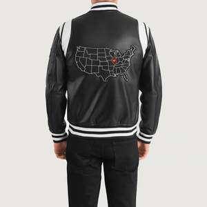 GLOBAL LEATHER Vintage Varsity <b>Jacket</b> in Black <b>Sheepskin</b> Leather Waterproof Embroidered Pattern Unisex Sizes XS XL Autumn Season - Product Image 4