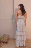 Luxueux coton femmes bleu Floral brodé doré Sequin fabriqué à la main Boho Chic été déclaration ludique Flair Maxi robe