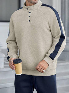 <b>Mens</b> Beige and <b>Navy</b> Blue Contrast Snap-Button Pullover Sweatshirt and Matching <b>Jogger</b> Pants Tracksuit OEM ODM Wholesale Apparel - Product Image 6