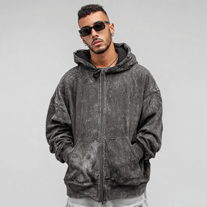 OEM Zipper Vintage Wash Hoodie Men Jogging Wear Outdoor Fleece Hoodies Men's Winter Fleece 500 GSM Washed Hooded Top Mens - Product Image 3