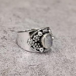 แหวนผู้หญิงพลอยมูนสโตนสีรุ้งธรรมชาติ หินประจำเดือนมิถุนายน สไตล์โบฮีเมียน ของขวัญคริสต์มาส เครื่องประดับทำมือ แหวนเงินแท้ 925 - Product Image 2