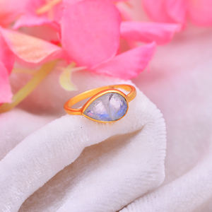 Rainbow Moonstone 12x9mm Pear Gemstone Silver Gold Plated <b>Ring</b> 2.11 gm Size US 7 for Girls and Women White <b>Pearl</b> Claw <b>Ring</b> - Product Image 2