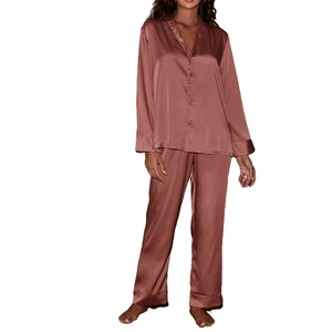 Wholesale Custom 100% Silk <b>Thermal</b> Loungewear Long Sleeve Turn Collar Sleepwear 2pcs Breathable Pyjamas <b>Women</b> Set Custom Colors - Product Image 1