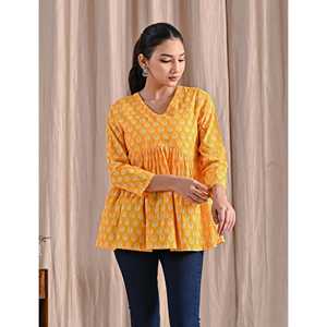 Yellow Jaipuri Chic Top Asymmetrical Collar Stand Collar Embroidered Decoration Women's Poplin <b>Silk</b> Peplum XL for Office Wear - Product Image 6