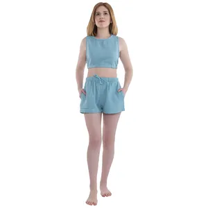 Kiko Baby Blue Crop Top and Shorts Wholesale Cotton Short Set Custom Shorts Sets for Women From Turkey