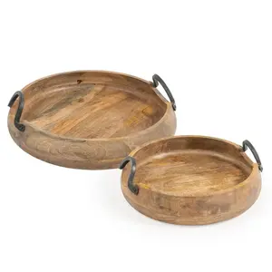 High Quality Custom Acacia Wood And Iron Round Ottoman Food Serving Tray With Handles For Table Decoration