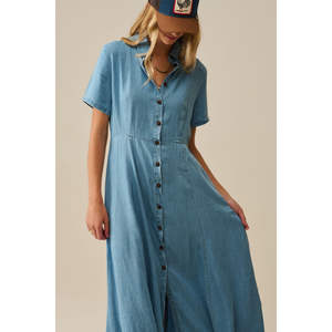 Vestido Maxi Azul Claro de Tela Tencel con Detalle de Botones, Cintura Drapeada y Diseño con Abertura, para Oficina y Fiestas, Talla XS, ODM - Product Image 6