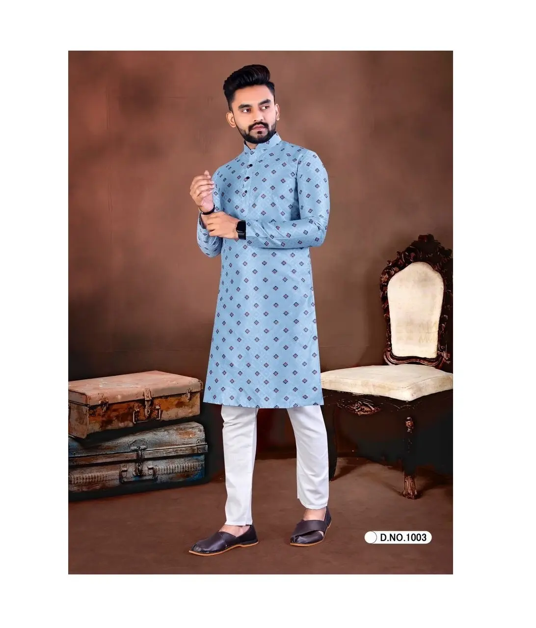 Hot Selling Indian Traditional Self Design Multicolor Print Full Sleeve Kurta Pajama for Men from Indian Supplier Wholesaler