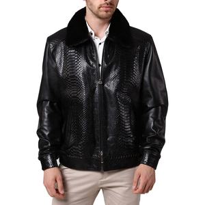 Chaqueta de piel de pitón negra para hombre, Cazadora Bomber de cuero con relieve de piel de serpiente, con cuello Rex desmontable - Product Image 1