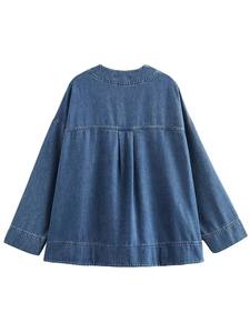 Abrigos informales de algodón con cuello en V para mujer, Chaquetas vaqueras holgadas para invierno con bolsillos para Otoño/Invierno - Product Image 3