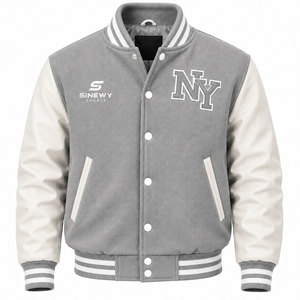 Veste de sport SINEWY grise et blanche, style universitaire, broderie NY, style preppy, unisexe, coupe régulière, col rabattu, respirante - Product Image 1