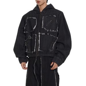 Veste en jean zippée unique pour homme, coupe ample, lavage vintage, coton, décoration boutonnée, grande taille, motif imprimé, patchwork, style baseball - Product Image 2