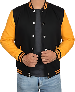 Custom Embroidered Varsity Jacket Canvas Body Wool Sleeves Stand <b>Covered</b> <b>Button</b> Closure Stylish College Look Front Logo Men's - Product Image 1