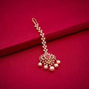 Bijou Tikka en or à motif floral, objet de collection culturel, pour mariage féminin, avec pierres de rubis vertes, 7g - Product Image 2