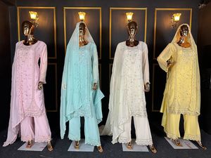 Couleur claire Plazo turc avec Bits Sequin Full Heavy Hand Embroidery Jarkan Stone Work New Fancy Designer Outfit for Party Wear - Product Image 5