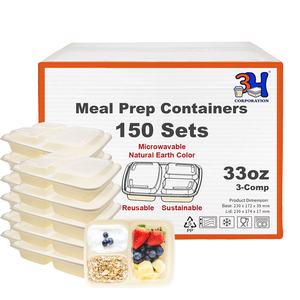 Contenitori per la preparazione dei pasti 3H da 33oz con coperchi, 3 scomparti [confezione da 150, 300 pezzi], contenitori per alimenti da asporto, adatti a microonde, lavastoviglie e congelatore. - Product Image 1