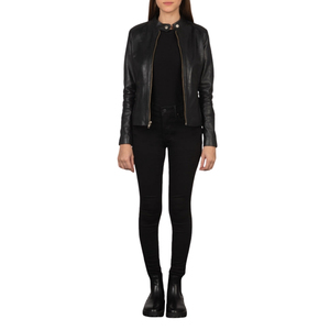 Chaqueta de Motociclista de Cuero Negra para Mujer, Cuello Alto, Cierre de Cremallera, Manga Larga - Product Image 1