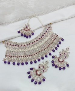 Luxury Purple Stone <b>Pearl</b> <b>Choker</b> <b>Necklace</b> Set with Earrings & Maang Tikka for Bridal & Party Wear - Product Image 1