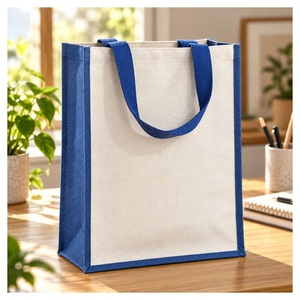 Sac fourre-tout en toile de jute laminée bleue 12x15.5x5.5 pouces avec logo personnalisé, sac de courses réutilisable, vente en gros - Product Image 1