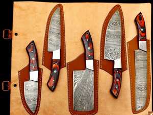 ชุดมีดทำครัวมืออาชีพ 5 ชิ้น ผลิตด้วยมือ พร้อมโลหะดามัสกัสและด้ามไม้ปักก้าสีแดง รุ่น KS-EI-06 - Product Image 4