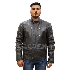 Chaqueta de Cuero Genuino para Hombre, Estilo Racer, Color Negro, con Cuello Alto y Bolsillos con Doble Cremallera, Proveedor OEM al por Mayor - Product Image 3
