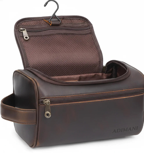 Adimani Genuine Leather Toiletry Bag <b>Medium</b> Size Zipper Closure Hanging Travel Cosmetic <b>Case</b> with Soft Handle Classic Style - Product Image 1