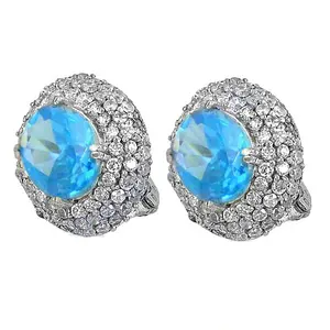 Trendy <b>Silver</b> Blue Gemstone <b>Stud</b> <b>Earrings</b> <b>for</b> <b>Women</b> Daily Wear Diamond Pearl Geometric Pattern Brass Rhodium <b>for</b> Party Gift - Product Image 1