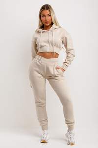 Chándal de 2 piezas de avena de primera calidad para mujer con cremallera frontal recortada Sudadera con capucha y pantalones de chándal Conjunto de 2 piezas para mujer - Product Image 6