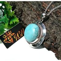 Magnifique pendentif en larimar rond, charmant, en pierre précieuse, chaîne en argent sterling 925, collier pour soirée, pendentif en argent tendance