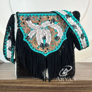 Fábrica al por mayor OEM ODM mano Tooled bolso de hombro de cuero moda pelo en cuero de vaca de cuero genuino de las mujeres flecos bolsas de mensajero - Product Image 1