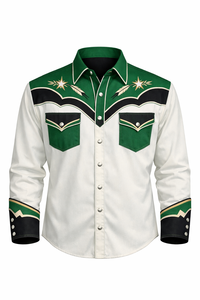 Camisa Vaquera Unisex de Manga Larga con Bordado Rodeo, Estilo Vintage Casual, Corte Ajustado, Ribete en Contraste, Personalizable OEM - Product Image 1