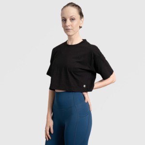 Camiseta Corta Holgada de Verano Harmony Glide Top, Transpirable, Negra, 100% Algodón con Decoración de Encaje, Talla XS/XXS - Product Image 1