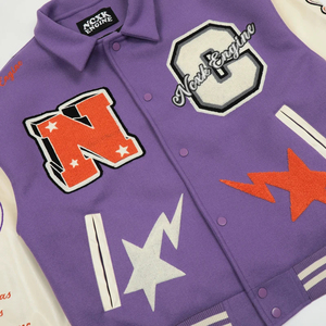 High Street Unisex Slim <b>Purple</b> Cow Skin Leather Bomber <b>Jacket</b> Embroidered Letters Button Closure Winter Casual Fit Plus Size - Product Image 5