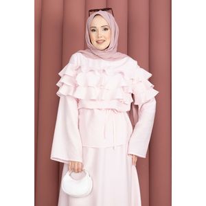 Ensemble jupe rose à volants superposés en tissu crêpe XS-XXL, tenue d'été 2 pièces avec short - Product Image 2