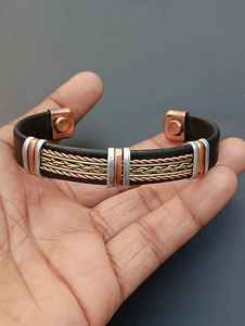 Dual Tone Vintage Handmade Solid <b>Copper</b> Cuff for <b>Bracelet</b> Leather Wrapped with <b>Magnetic</b> Energy Pain Therapy for <b>Men</b> and Women - Product Image 4