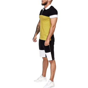 Ensemble décontracté d'été pour homme, polo à blocs de couleur avec short à cordon de serrage, noir, jaune, blanc, en coton tricoté respirant - Product Image 2