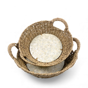 Bandeja de Ratán con Incrustaciones de Nácar, Hecha a Mano, Decorativa con Borde de Pasto Marino para Servir Comida, Decoración de Mesa y Hogar - Product Image 5