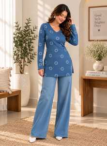 Robe en tricot à col en V et manches longues, gris, ourlet asymétrique, coupe ample, décontractée, pour tous les jours, en coton et fibre de bambou, manches longues, motif floral Chakri - Product Image 5