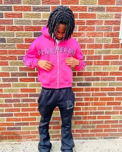 Conjunto Deportivo de 2 Piezas con Estampado Puff, 100% Algodón, Pantalones Acampanados y Sudadera con Cremallera, Estilo Urbano para Hombre - Product Image 1