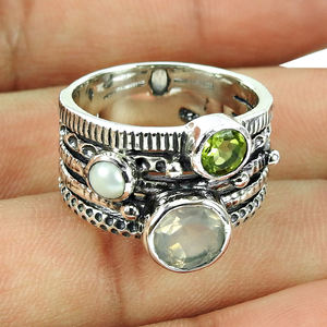 Quartz Rose Naturel Péridot Multi Gemme Bagues Fines 925 Bijoux En Argent Sterling Indien Fait À La Main Bagues En Argent Fin Fabricant - Product Image 1