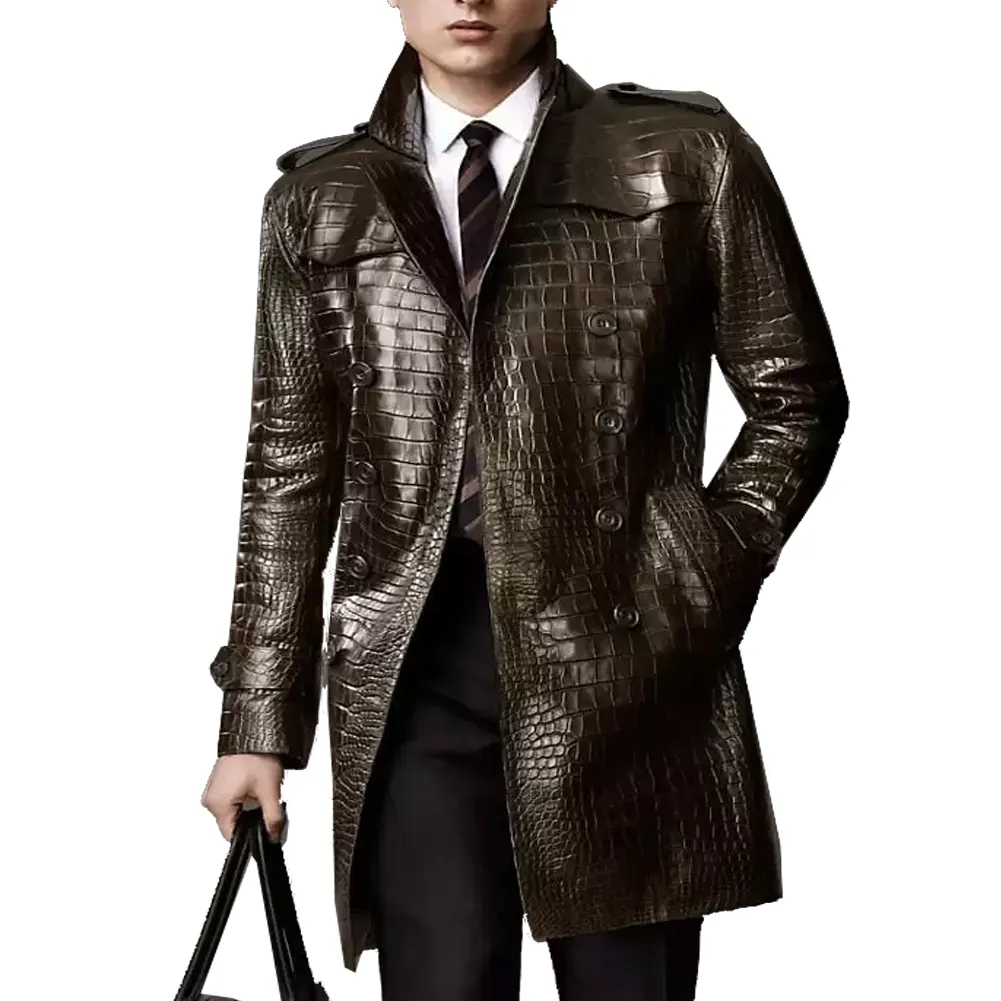 Men Black white Crocodile Alligator embossed cowhide Double Breasted leather Trench Coat.Crocodile Leather Long Coat