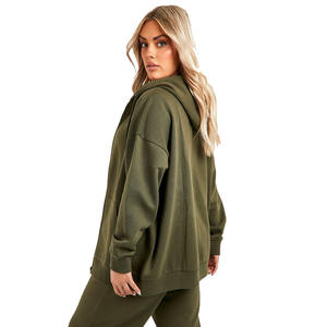 Sweat à capuche en polaire tricoté vert olive 300 GSM pour femmes avec poches avant zippées et cordons de serrage meilleurs tarifs vente d'hiver - Product Image 2